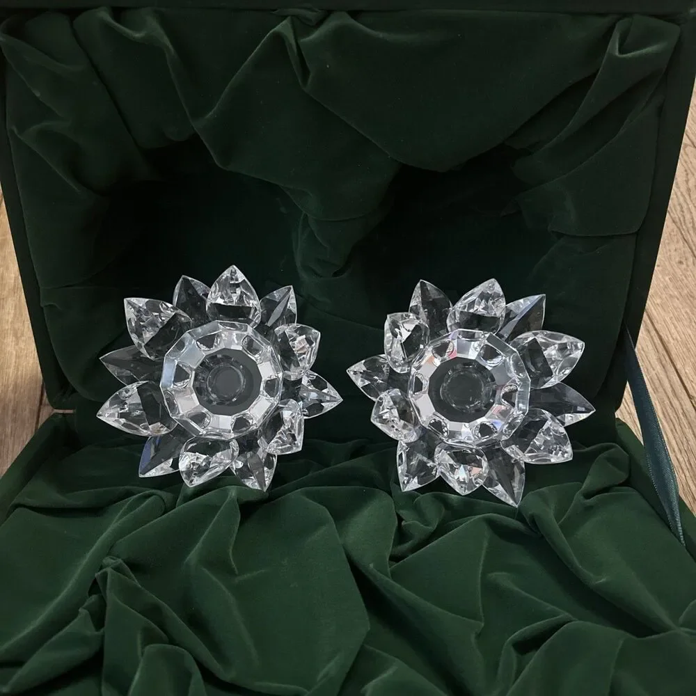 Smith‎ Hawken Crystal Lotus Flower Candle Holders Set In Velvet Box Luxury